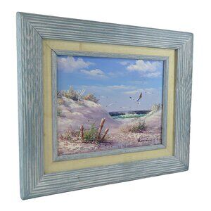 Signed 8" x 10" Oil Painting Ocean Beach Seagulls Sand Dunes 13" x 15" Framed
